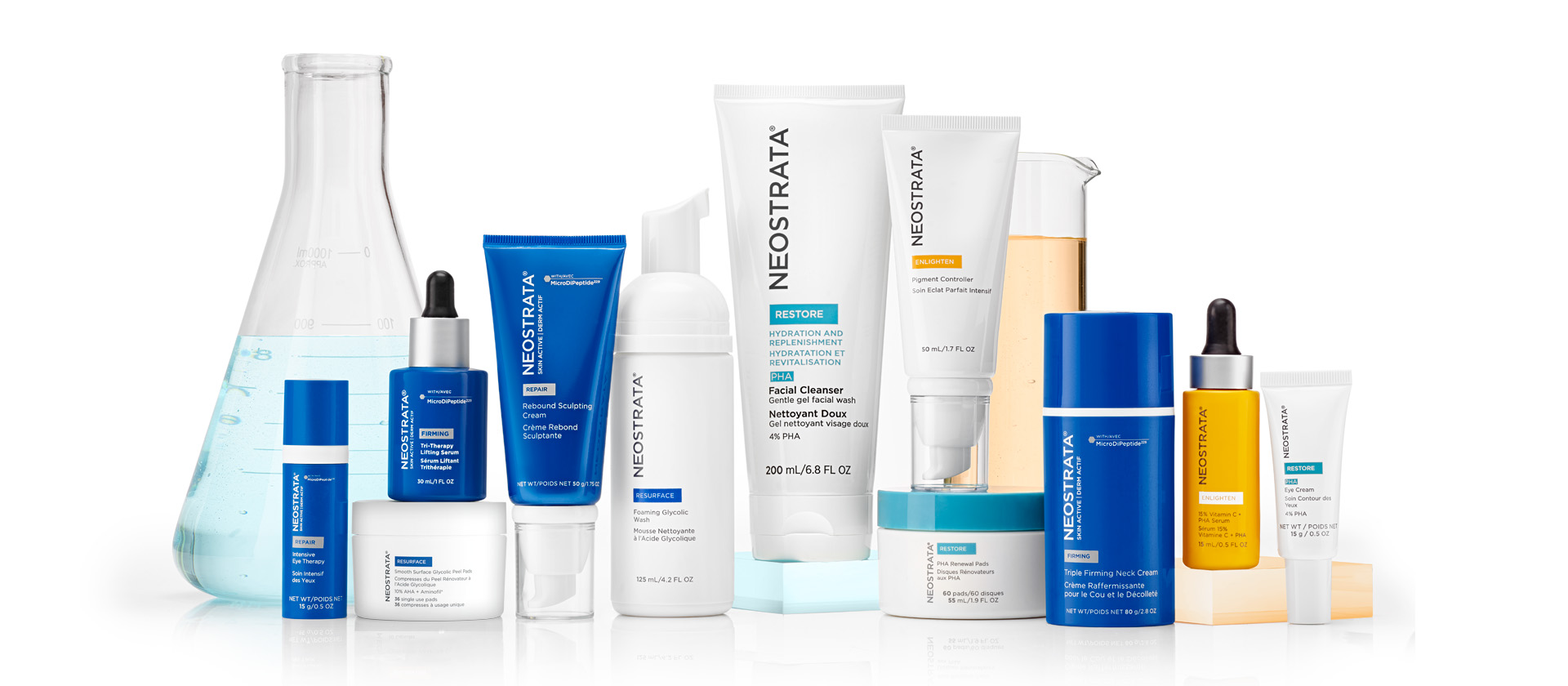 Bild på en mängd NEOSTRATA-produkter från alla serier.