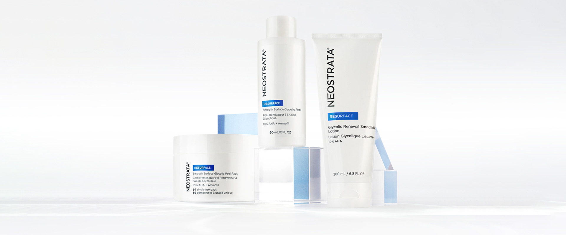 Bild på delar ur NEOSTRATA Resurface serie för en jämnare hud.