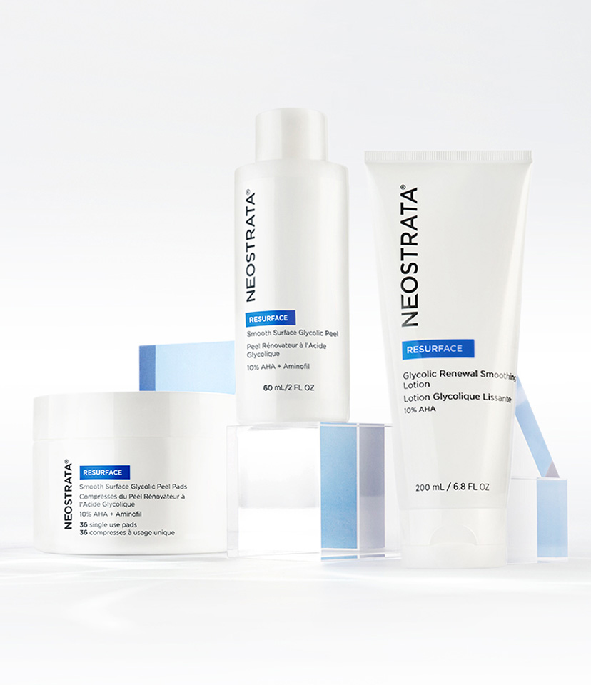 Bild på delar ur NEOSTRATA Resurface serie för en jämnare hud.